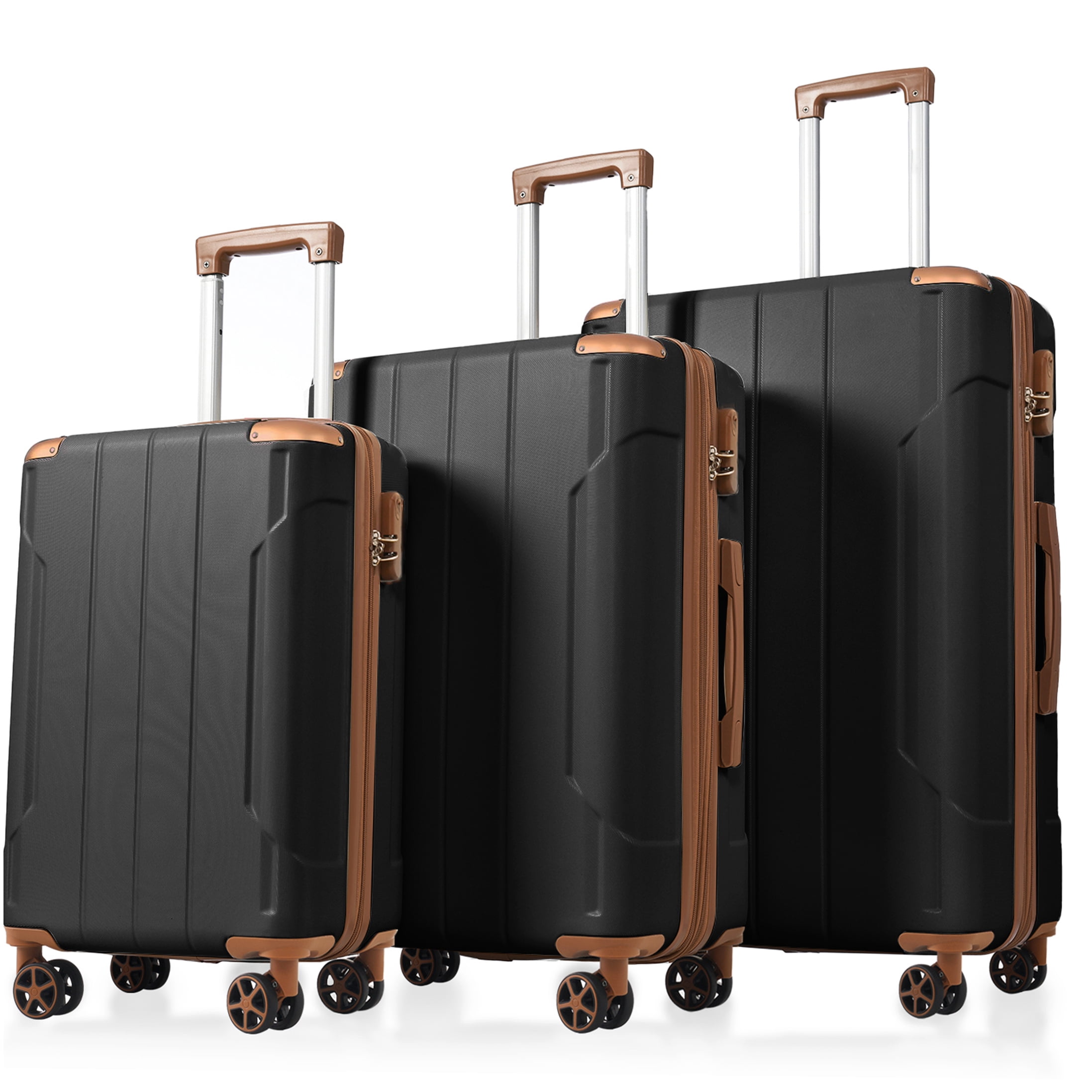 Durable 3-Piece Spinner Luggage Set, ABS Lightweight Hard Shell Suitcases in Black Brown