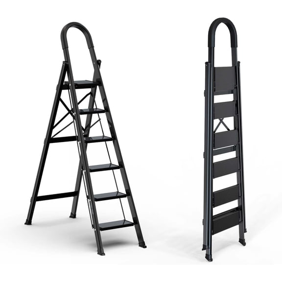 Lightweight Aluminum 6 Step Ladder Folding Step Stool Stepladders with Anti-Slip and Wide Pedal for Home and Kitchen Use Space Saving (Black)