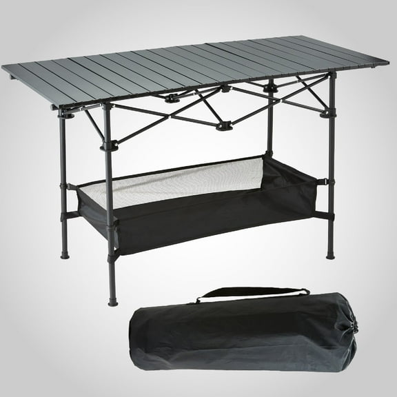 Black Aluminum Outdoor Folding Table, Portable Roll-Up Picnic & Camping Table with Carry Bag for Beach, BBQ, Backyard, Party, Patio