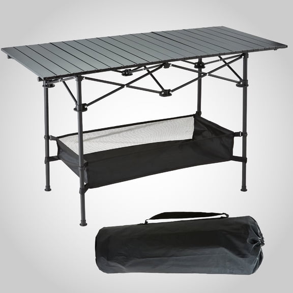 Black Aluminum Outdoor Folding Table, Portable Roll-Up Picnic & Camping Table with Carry Bag for Beach, BBQ, Backyard, Party, Patio