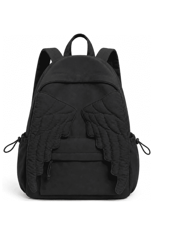 Lightweight Angel Wings Daypack, Black Nylon Backpack with Zipper Pockets for School, Travel, Shopping, Festivals and Gift