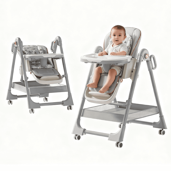 Lightweight Baby High Chairs,Folding Baby Feeding Chairs Portable Dining Chairs for 6 Months to 6 Years,Adjustable Height,with PU leather,Unisex,GREY