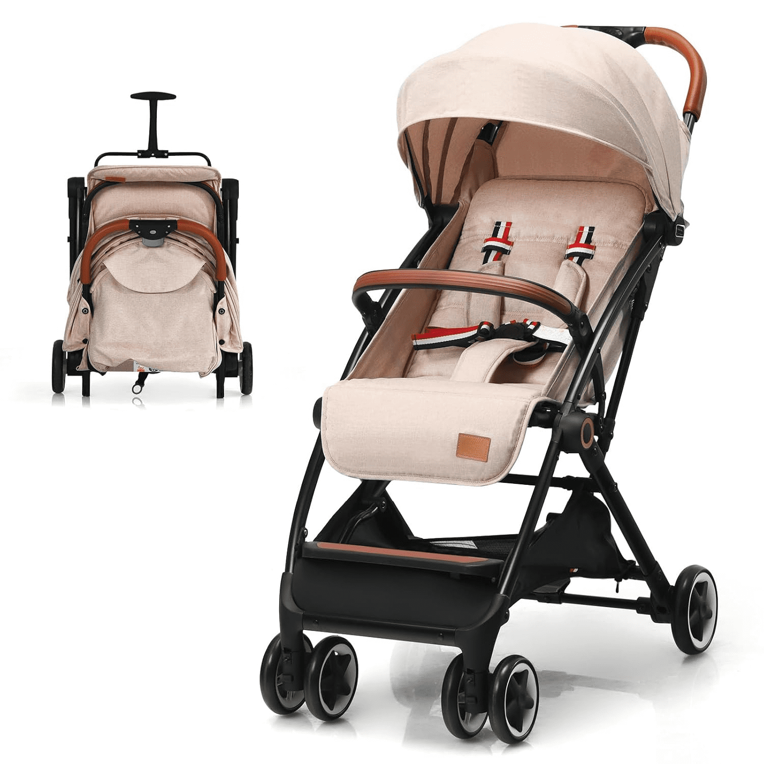 Lightweight Baby Stroller, Compact Toddler Travel Stroller for Airplane, Infant Stroller w/ 5-Point Harness, Adjustable Backrest/Footrest/Canopy, Storage Basket, Easy One-Hand Fold, Beige