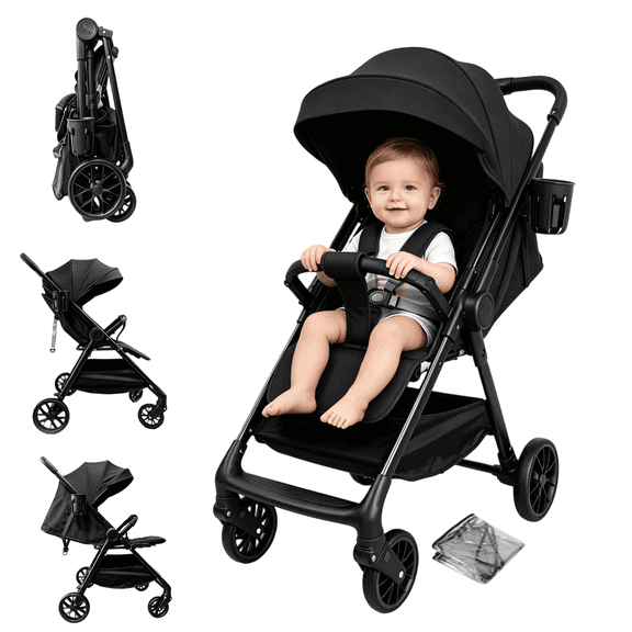 Lightweight Baby Stroller Portable Travel Stroller Infant Carriage Bassinet Stroller with Compact Fold for Newborn/Child/Toddler,Adjustable Canopy,Net,Cup Holder,One-Hand,Unisex Black