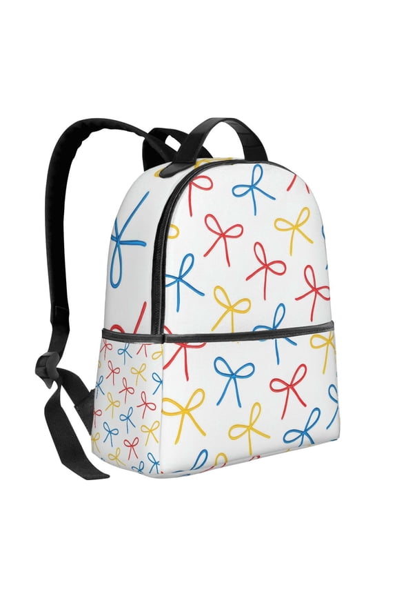 Lightweight Backpack With Adjustable Shoulder Strap Empty Bag Upright 1214.5in For Weekend Holiday Travel Hiking Playful Thin Cartoon Primary Color Ribbon Bow Pattern