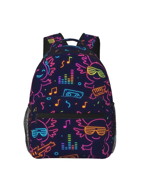 Lightweight Backpack Casual Daypack Multi Compartment Travel Bag With Laptop Sleeve Sturdy Self Standing For College Work Neon Party Axolotls - 80s Synthwave