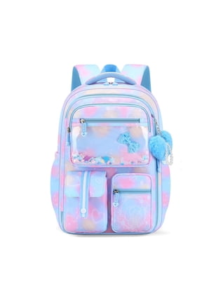 Lightweight Backpack Roomy Water-Resistant Bookbag with Fluffy Heart Pearl Keychain, Clamshell Wide Opening Daypack, Dreamy Blue