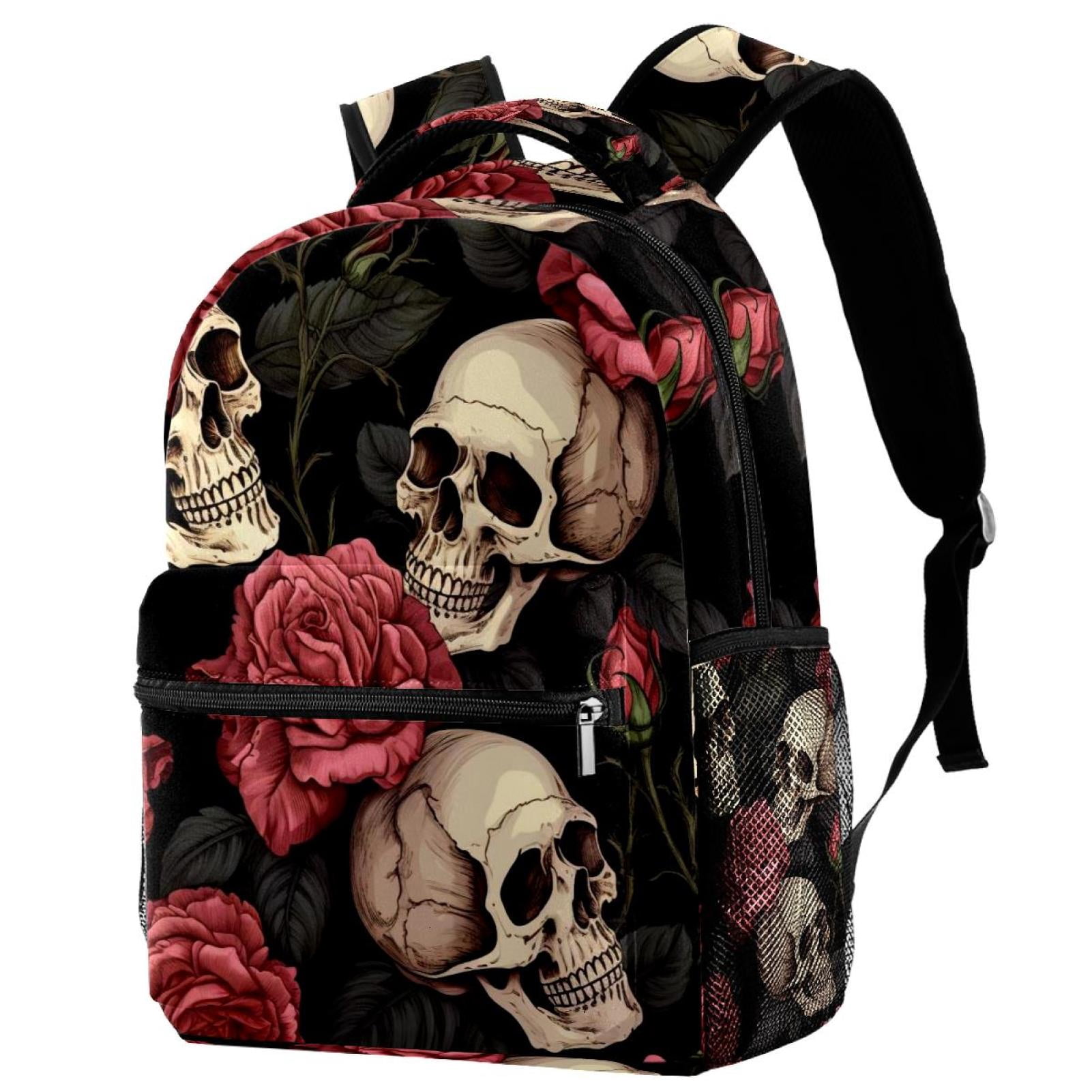 Tactical Floral Skull Backpack - Black with Red & Gold Accents Lightweight Backpack Roses and Skull School Bag Travel  main image 2