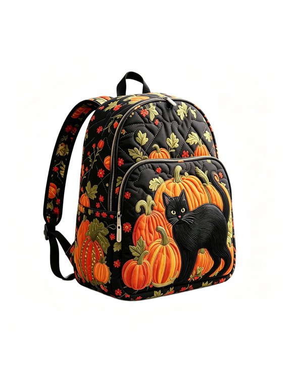 Lightweight Backpack for Travel Halloween Pumpkin Black Cat Print 16 Inch Quilted Halloween Fabric Casual Daypack Spooky All Over Print Fall Travel Daily Use, 1 Pack