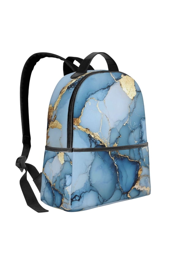 Lightweight Backpack With Adjustable Shoulder Strap Empty Bag Upright 1214.5in For Weekend Holiday Travel Hiking Light Blue And Gold Marble