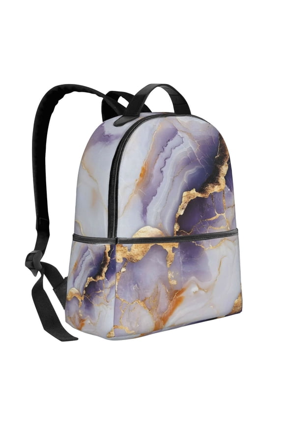 Lightweight Backpack With Adjustable Shoulder Strap Empty Bag Upright 1214.5in For Weekend Holiday Travel Hiking Purple-White-Gold Marble