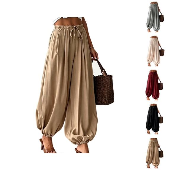 Lightweight Balloon Pants Women Summer Elastic Waist Casual Baggy Beach Boho Harem Pants Trousers with Pockets