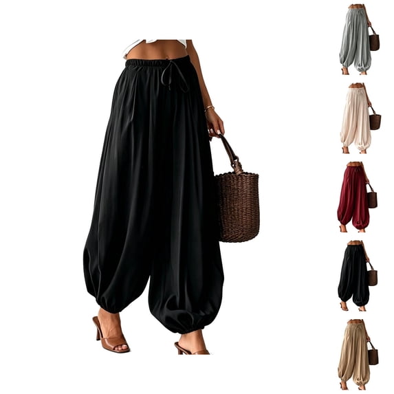 Lightweight Balloon Pants Women Summer Elastic Waist Casual Baggy Beach Boho Harem Pants Trousers with Pockets