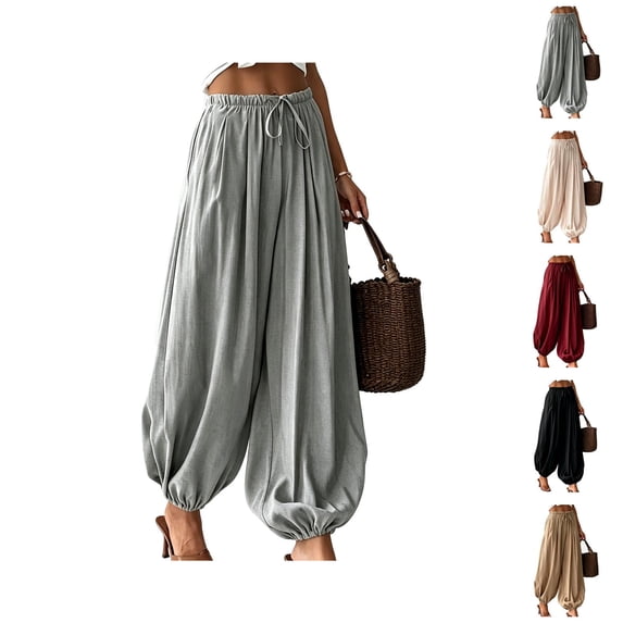 Lightweight Balloon Pants Women Summer Elastic Waist Casual Baggy Beach Boho Harem Pants Trousers with Pockets