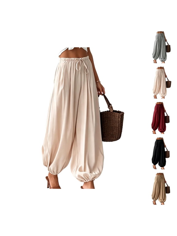 Lightweight Balloon Pants Women Summer Elastic Waist Casual Baggy Beach Boho Harem Pants Trousers with Pockets