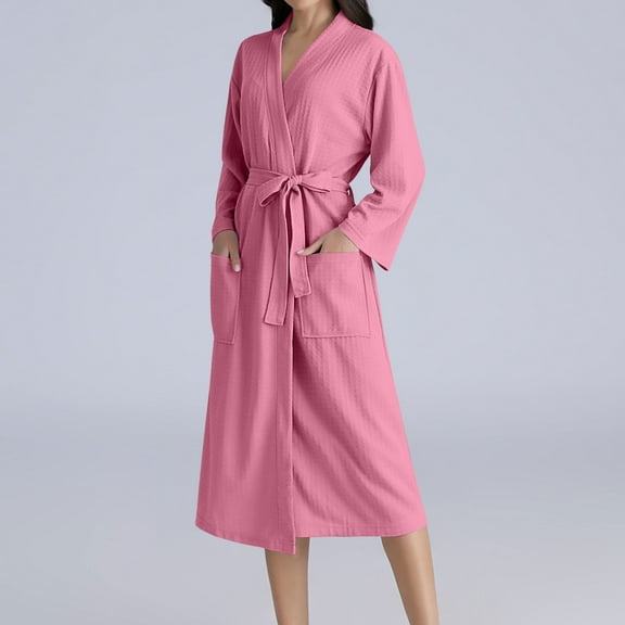 Lightweight Bathrobe for Women with Belt Fashion V Neck Casual Comfy Loungewear Solid Color Pockets Nightgown Robes New Bathrobe for Women Lightweight Pinks XL