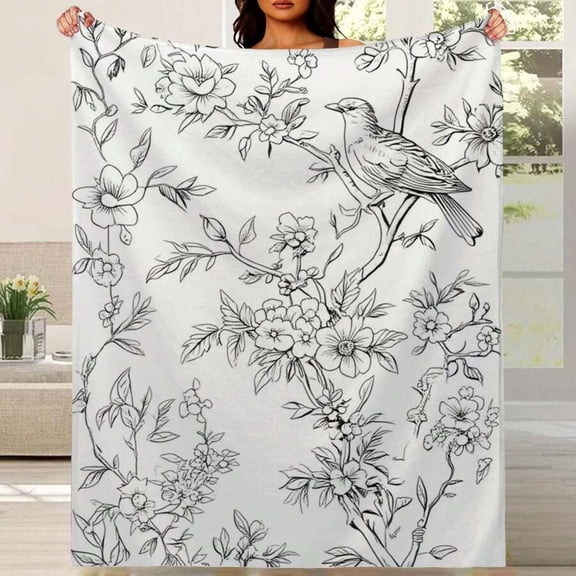 Lightweight Black & White Floral Bird Flannel Blanket - Soft Cherry Blossom Bedspread for All Seasons, Modern Monochrome Bedding