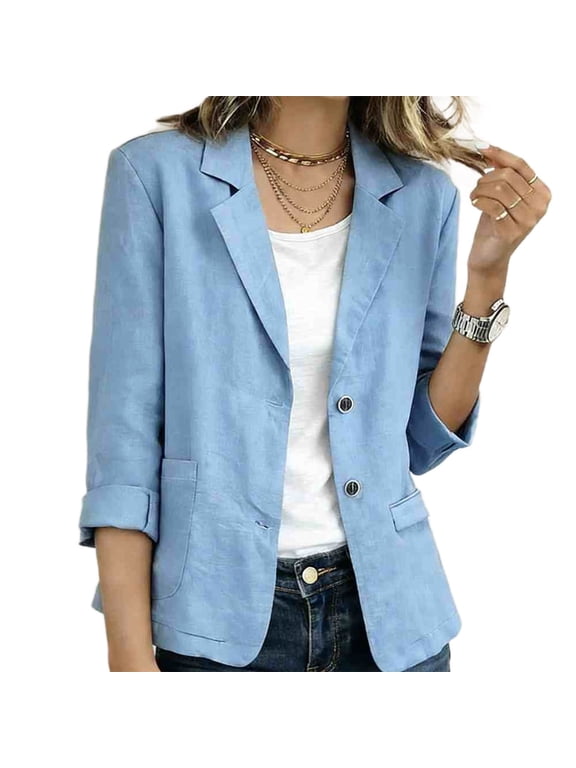 Lightweight Blazer For Women Faux Linen Casual Loose Trendy Jackets Lapel V Neck Single Breasted Outwear (L, Light Blue)