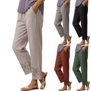ManxiVoo Women's Summer Lightweight Blended Ice Pants   Elastic Waist Straight Leg Long Trousers for Mature Women