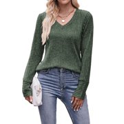 Lightweight Blouse For Women Solid V Neck Long Sleeve Fall Tops Fashion Ribbed Knit Shirts Cogild