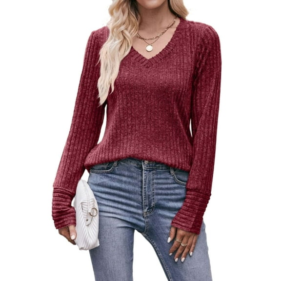 Lightweight Blouse For Women Solid V Neck Long Sleeve Fall Tops Fashion Ribbed Knit Shirts Cogild