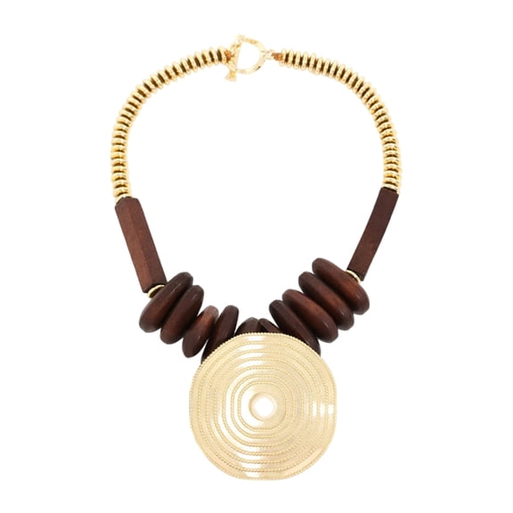 Lightweight Bohemian Jewelry Wood Bead Necklace Gold Accent Circular Pendant