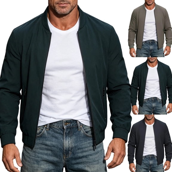 Lightweight Bomber Jacket for Men Baseball Varsity Jacket Mens Zip Up Ribbed Cuff Long Sleeve Regular Fit Casual Comfortable Daily Outdoor Clothes Army Green,L