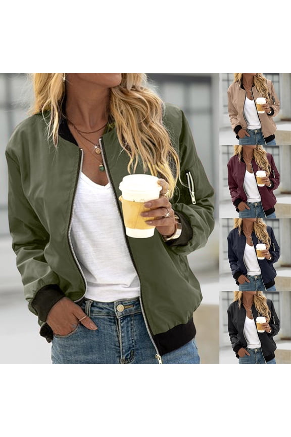 Lightweight Bomber Jacket Women Zip Up Windbreaker Coat Spring Fall Jackets Baseball Top Khaki M