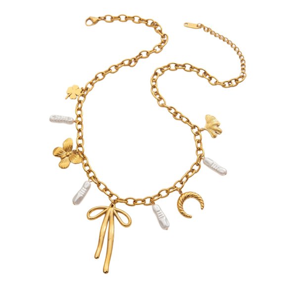 Lightweight Bowknot Pearls Drop Necklace Elegant Stainless Steel Neck Jewelry
