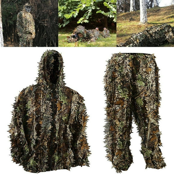 Lightweight Breathable Camouflage Clothes Suit, Outdoor Hunting Camouflage 3D Forest Leaf Hooded Jacket Coat Pants Clothes Set