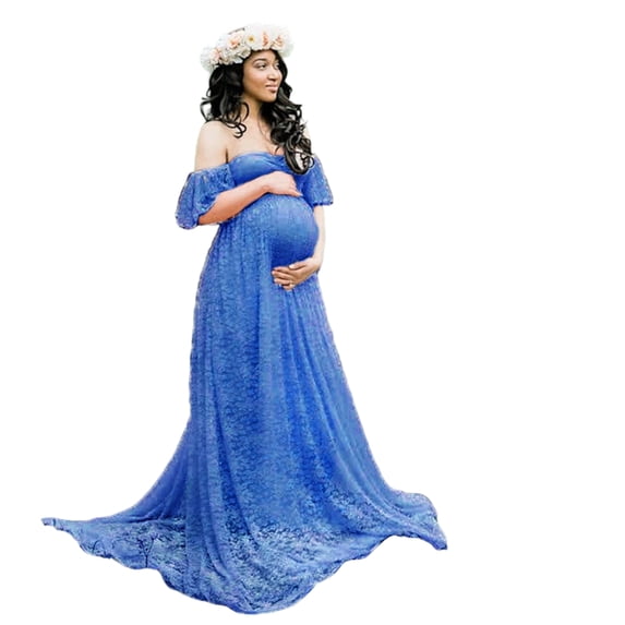 Lightweight Breathable Fabric Maternity Gown Dress Elegant Lace Detailing and Trailing Bottom for Most Trimesters