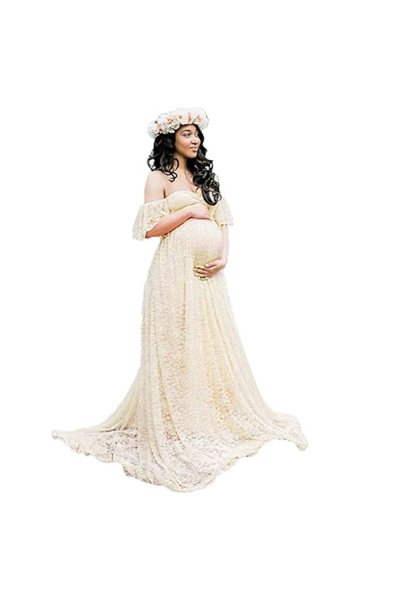 Lightweight Breathable Fabric Maternity Gown Dress Elegant Lace Detailing and Trailing Bottom for Most Trimesters