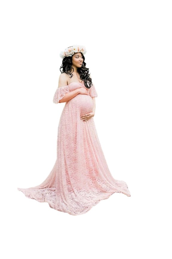 Lightweight Breathable Fabric Maternity Gown Dress Elegant Lace Detailing and Trailing Bottom for Most Trimesters