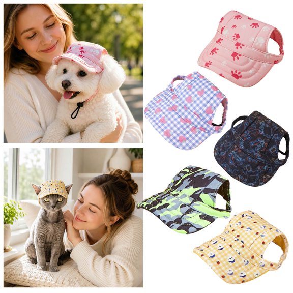 Lightweight Breathable Printed Pet Baseball Hat Adjustable Anti Slip Chin Strap Sun Visor Cap for Small Medium Dogs Cats Outdoor Travel Portrait Photo Decor Accessory