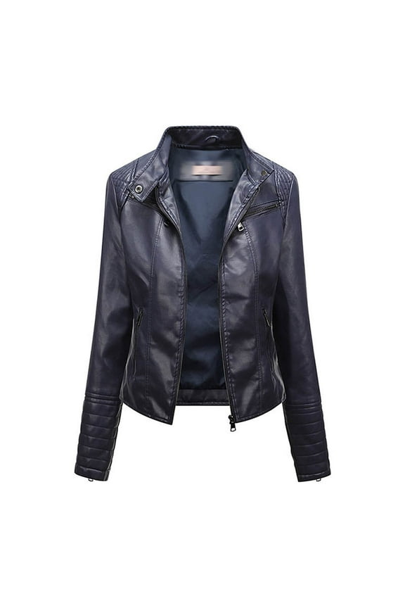 Lightweight Breathable Rain Jackets Women's Faux Leather Moto Jacket Casual Short Solid Color Slim Fitting Biker Coat with Pockets S-148 Dark Blue XL