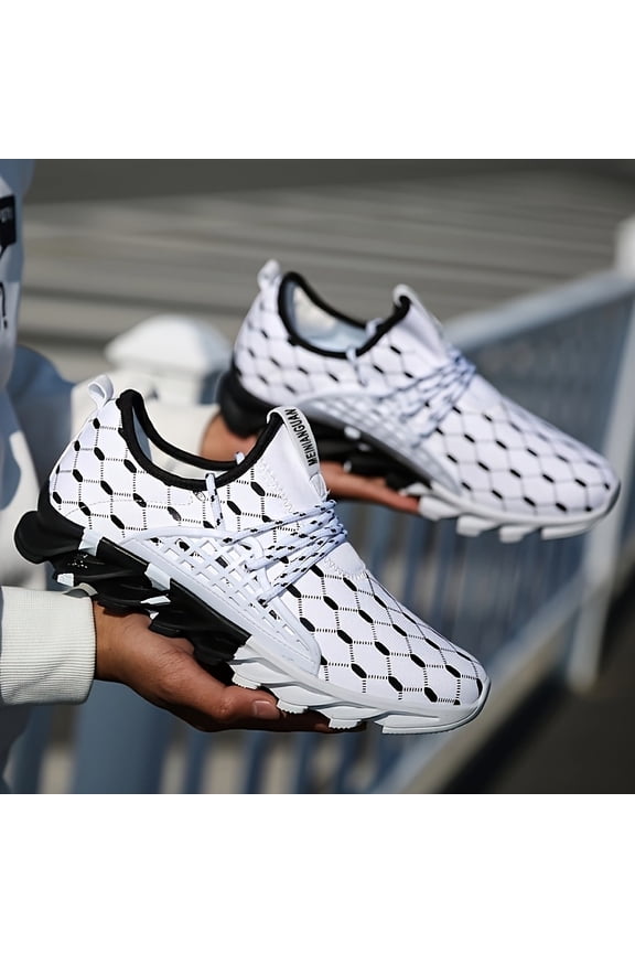 Lightweight Breathable Sneakers for Men Featuring a Geometric Black And White Design, Ideal for Running, Walking, And Training. They Come with a Lace-Up Closure, MD Sole, And Fabric Upper
