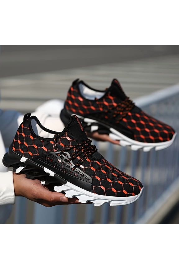 Lightweight Breathable Sneakers for Men Featuring a Geometric Black And White Design, Ideal for Running, Walking, And Training. They Come with a Lace-Up Closure, MD Sole, And Fabric Upper