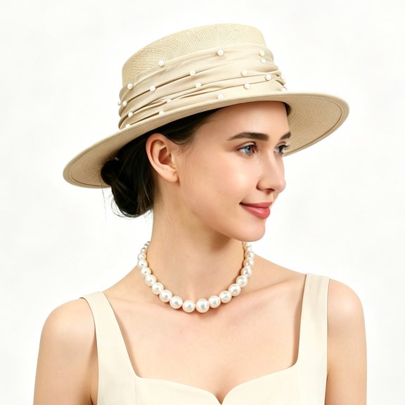 Lightweight Breathable Straw Hat with Pearl Trim for Women Church Banquet
