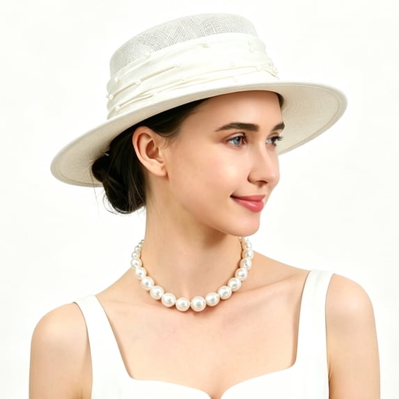 Lightweight Breathable Straw Hat with Pearl Trim for Women Church Banquet