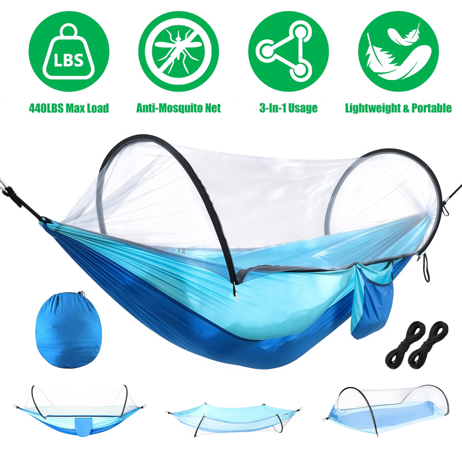 Lightweight Camping Hammock with Pop-Up Mosquito Net, 3-in-1 Portable Hammock Tent with Dual Zippers Side Pocket, 440lbs Load Capacity 70D Nylon for Outdoor Hiking Backpacking