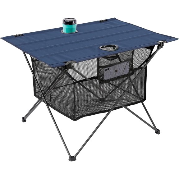 Lightweight Camping Table - Portable Folding Beach Side Table w/2 Cup Holders & Large Storage Basket, Compact Fold for Tailgate Travel Outdoor Fishing Picnic | 29.2" W x 21.7" D (Blue)