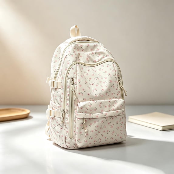 Lightweight Campus Style Backpack with Floral Print Large Capacity Shoulder Design 2026 Back to School Backpack for Daily(Light Pink)