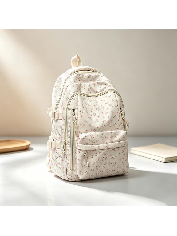 Lightweight Campus Style Backpack with Floral Print Large Capacity Shoulder Design 2026 Back to School Backpack for Daily(Light Pink)
