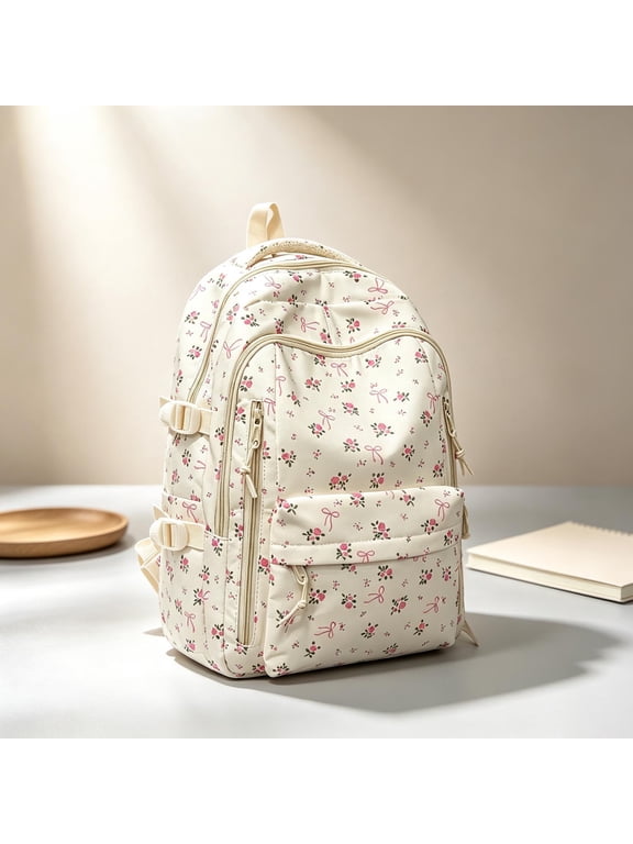 Lightweight Campus Style Backpack with Floral Print Large Capacity Shoulder Design 2026 Back to School Backpack for Daily(Pink)