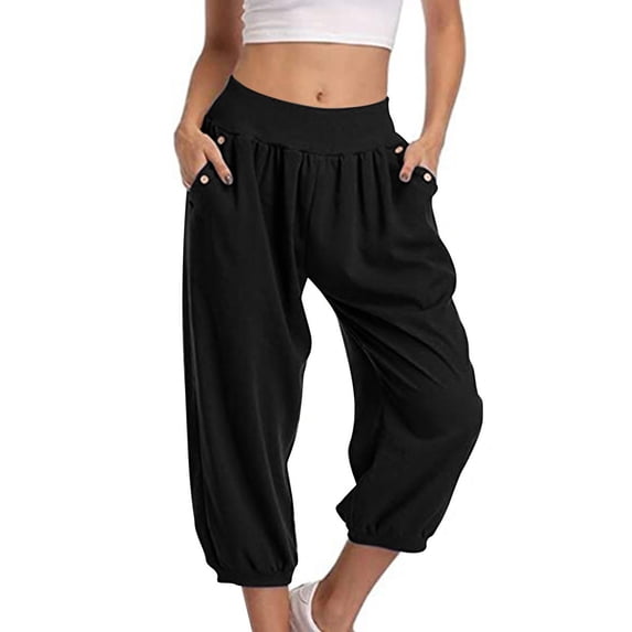 Lightweight Capris for Women Pleated Loose Fit Cropped Sweatpants with Pockets High Waist Summer Casual Capri Pants (L, Black)