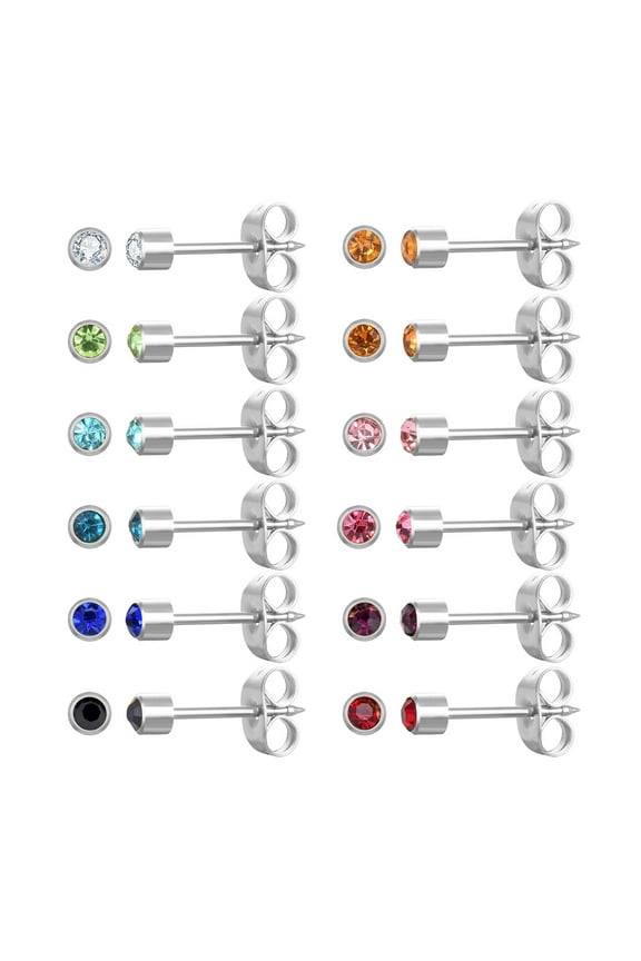 12 Pairs Heart/Star/Round Ear Piercing Stud Earrings, Surgical Stainless Steel Multicolor Cubic Zirconia Birthstone Stud Earrings for Ear Piercing Guns