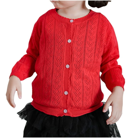 Lightweight Cardigan Girls Comfort Cotton Hollow Button Down Knit Sweater Dress Cover Up Toddler Kids Long Sleeve Tops, Red, 3 Years