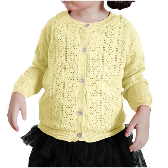 Lightweight Cardigan Girls Comfort Cotton Hollow Button Down Knit Sweater Dress Cover Up Toddler Kids Long Sleeve Tops, Yellow, 3 Years