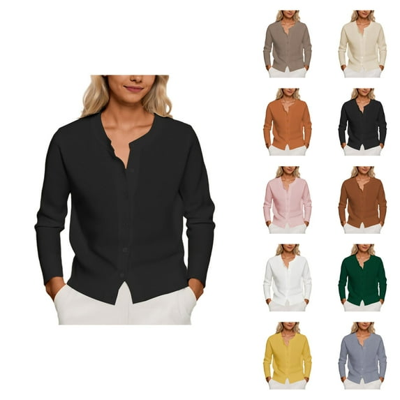 Lightweight Cardigan Sweaters for Women 2025 Long Sleeve Crewneck Button Down Cropped Knit Sweater Cardigans Outerwear