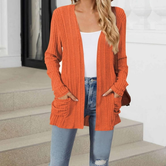Lightweight Cardigan Sweaters for Women with Pockets Ribbed Knit Casual Open Front Cardigans Outerwear Coat (M, Orange)